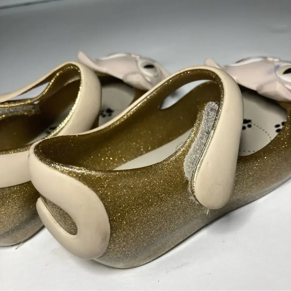 Mini Melissa Ultragirl Glitter Gold Kitty Cat Mary Jane Jelly Flats Shoes